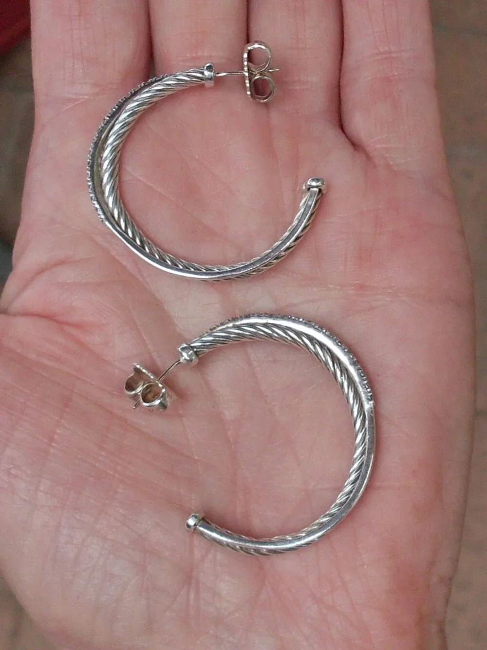 Retired - David Yurman Diamond Crossover Hoop Earrings - 1.5 inches - DY Backs